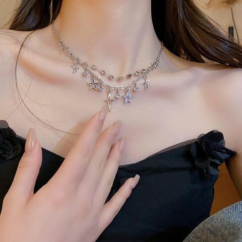 الطبقات نجمة شرابة قلادة للنساء الفتيات الفضة مكعب زركونيا لذيذ بوهو العصرية نجوم الخرز سلسلة المختنق الأزياء سباركلي المفتوحة ستار كريستال قلادة القلائد قابل للتعديل مجوهرات هدية in Kuwait