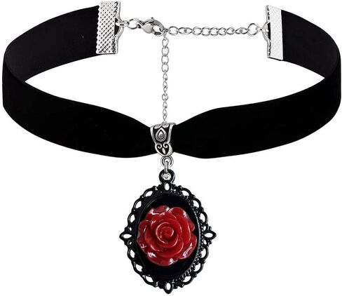 Red Rose Cameo Pendent Choker,Gothic Black Velvet Choker Necklace Vintage Resin Red Crystal Gem Pendent Necklace Witch Jewelry Gift for Women in Saudi Arabia