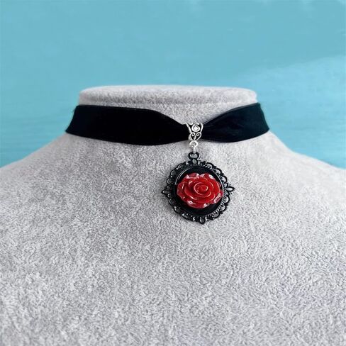 Red Rose Cameo Pendent Choker,Gothic Black Velvet Choker Necklace Vintage Resin Red Crystal Gem Pendent Necklace Witch Jewelry Gift for Women in Saudi Arabia