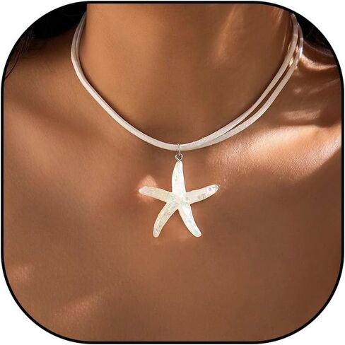 Gold Starfish Pendant Necklace For Women Fringe Necklace Boho Layered Starfish Pendant Choker Trendy White Velvet Necklace Summer Beach Necklaces for Women and Teen Girls in Saudi Arabia