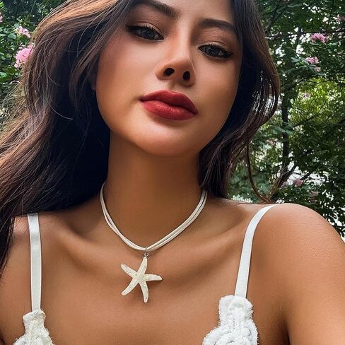 Gold Starfish Pendant Necklace For Women Fringe Necklace Boho Layered Starfish Pendant Choker Trendy White Velvet Necklace Summer Beach Necklaces for Women and Teen Girls in Saudi Arabia