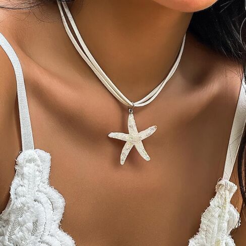Gold Starfish Pendant Necklace For Women Fringe Necklace Boho Layered Starfish Pendant Choker Trendy White Velvet Necklace Summer Beach Necklaces for Women and Teen Girls in Saudi Arabia