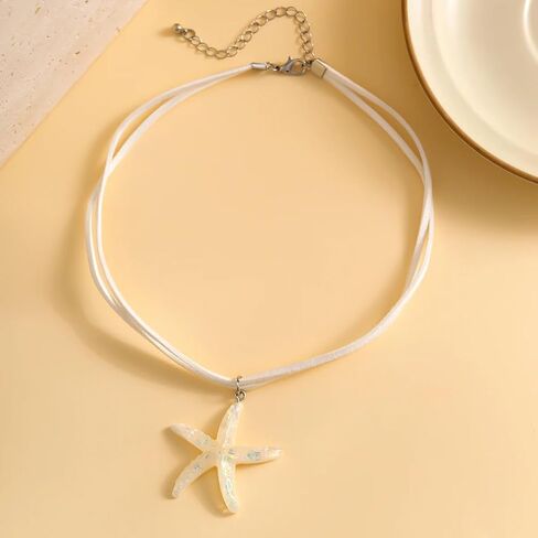 Gold Starfish Pendant Necklace For Women Fringe Necklace Boho Layered Starfish Pendant Choker Trendy White Velvet Necklace Summer Beach Necklaces for Women and Teen Girls in Saudi Arabia