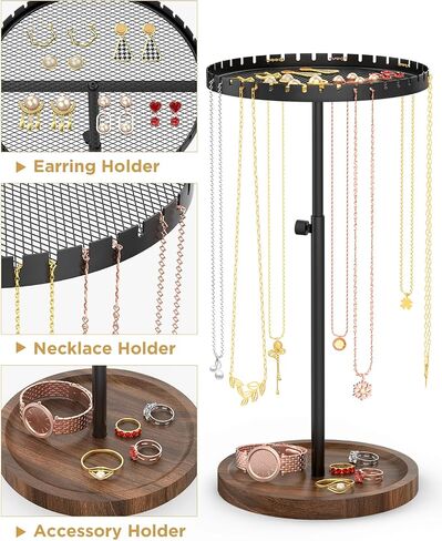 Jewelry Holder for Necklaces Earrings Bracelets - Round Jewelry Stand Organizer for Storage Display, Large Tall Wood Jewellery Tower Rack for Aesthetic Room Decor Girl Preppy Women Gift Rustic Black in Saudi Arabia