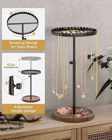 Jewelry Holder for Necklaces Earrings Bracelets - Round Jewelry Stand Organizer for Storage Display, Large Tall Wood Jewellery Tower Rack for Aesthetic Room Decor Girl Preppy Women Gift Rustic Black in Saudi Arabia