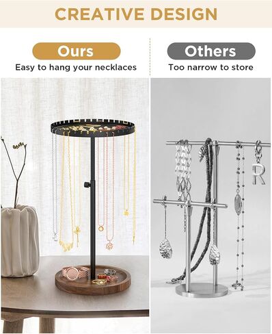 Jewelry Holder for Necklaces Earrings Bracelets - Round Jewelry Stand Organizer for Storage Display, Large Tall Wood Jewellery Tower Rack for Aesthetic Room Decor Girl Preppy Women Gift Rustic Black in Saudi Arabia