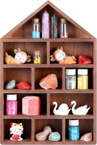 House Shaped Wooden Shadow Cubby Box 10 W x 2 1/4 D x 15 H Hanging Display Shelf Organizer Wall Mounted Curio Cabinet Wooden Display Case Miniature Display Shelf for Figures (Wood Color) in Kuwait