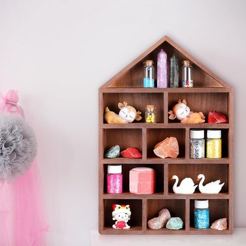 House Shaped Wooden Shadow Cubby Box 10 W x 2 1/4 D x 15 H Hanging Display Shelf Organizer Wall Mounted Curio Cabinet Wooden Display Case Miniature Display Shelf for Figures (Wood Color) in Kuwait
