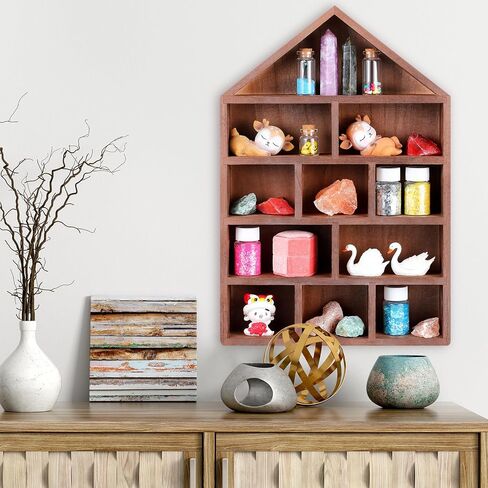 House Shaped Wooden Shadow Cubby Box 10 W x 2 1/4 D x 15 H Hanging Display Shelf Organizer Wall Mounted Curio Cabinet Wooden Display Case Miniature Display Shelf for Figures (Wood Color) in Kuwait