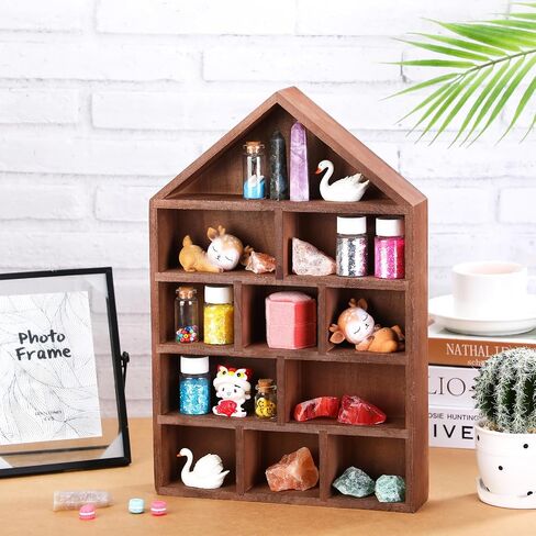 House Shaped Wooden Shadow Cubby Box 10 W x 2 1/4 D x 15 H Hanging Display Shelf Organizer Wall Mounted Curio Cabinet Wooden Display Case Miniature Display Shelf for Figures (Wood Color) in Kuwait