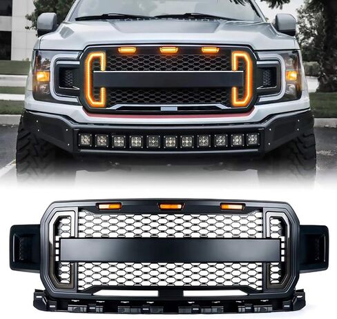 Mesh Grille Front Grill Matte Black Replacement Compatible for Ford F-150 2004-2008 with DRL & Turn Signal Lights and 3 Amber LED Lights in Saudi Arabia