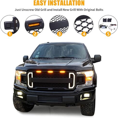 Mesh Grille Front Grill Matte Black Replacement Compatible for Ford F-150 2004-2008 with DRL & Turn Signal Lights and 3 Amber LED Lights in Saudi Arabia
