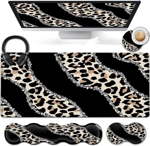 Extended Gaming Mouse Pad 31.5x11.8 Big Desk Mat, Ergonomic Memory Foam Keyboard Wrist Rest Support, for Home Laptop Office Desk Pad with Non-Slip Base, Gold Black Leopard Print Large Mouse Pad in Saudi Arabia