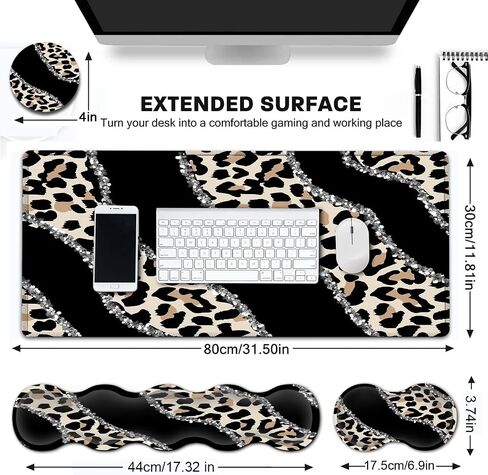Extended Gaming Mouse Pad 31.5x11.8 Big Desk Mat, Ergonomic Memory Foam Keyboard Wrist Rest Support, for Home Laptop Office Desk Pad with Non-Slip Base, Gold Black Leopard Print Large Mouse Pad in Saudi Arabia