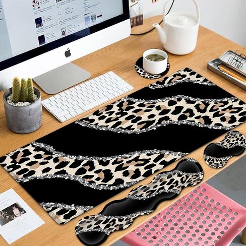 Extended Gaming Mouse Pad 31.5x11.8 Big Desk Mat, Ergonomic Memory Foam Keyboard Wrist Rest Support, for Home Laptop Office Desk Pad with Non-Slip Base, Gold Black Leopard Print Large Mouse Pad in Saudi Arabia