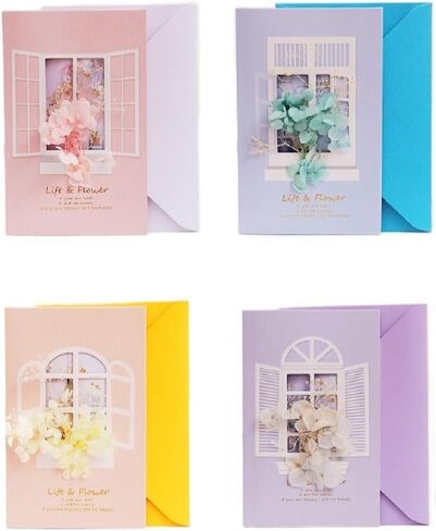 4 Thank You Cards with Envelopes, 4.3 "x6.7, Handmade Real Flower Greeting Cards, Suitable for Various Occasions, with Interesting Stickers. in Saudi Arabia