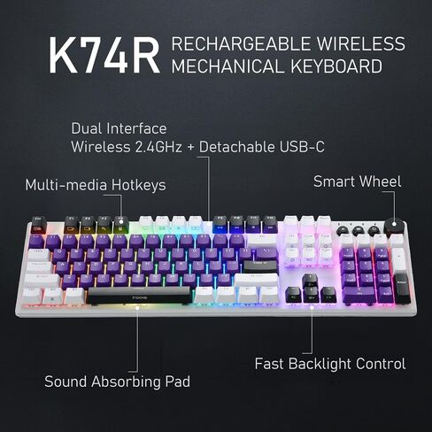 iRocks K74R Wireless RGB Rechargeable Illuminated Mechanical Gaming Keboard, Hot-Swappable Gateron Switches, Easy-to-Clean Floating Design, PBT 107 Keys NKRO, Detachable USB-C Cable - White Amethyst in Saudi Arabia