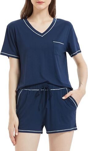 LazyCozy Women's Pajama Set Short Sleeve Shirt and Shorts Sleepwear Summer Pjs, Viscose Made from Bamboo in Saudi Arabia