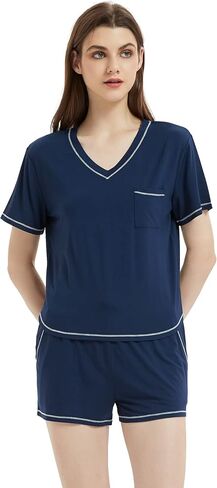 LazyCozy Women's Pajama Set Short Sleeve Shirt and Shorts Sleepwear Summer Pjs, Viscose Made from Bamboo in Saudi Arabia