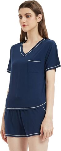 LazyCozy Women's Pajama Set Short Sleeve Shirt and Shorts Sleepwear Summer Pjs, Viscose Made from Bamboo in Saudi Arabia