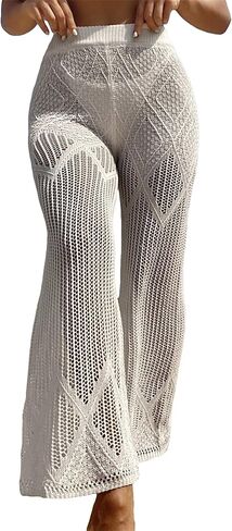 GORGLITTER Women's Hollow Out Knitted Cover Up Pants Flare Leg High Waist Crochet Beachwear in Saudi Arabia