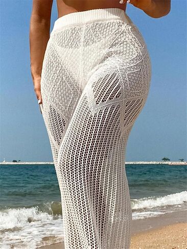 GORGLITTER Women's Hollow Out Knitted Cover Up Pants Flare Leg High Waist Crochet Beachwear in Saudi Arabia