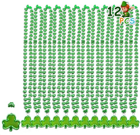 12 Pcs 33" Green Beads Necklace Bulk - Shamrock Clover Shape Green Plastic Bead Necklaces Bundle for Mardi Gras Throws, Party Costume, St Patrick's Day Decorations in Saudi Arabia