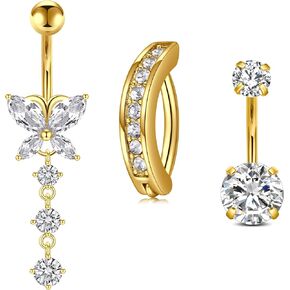 Mayhoop 14G Surgical Stainless Steel Dangle Belly Button Rings Clicker Belly Button Ring Belly Ring Dangling Piercing Jewelry With Heart Flower Butterfly Silver Gold Tone For Women
