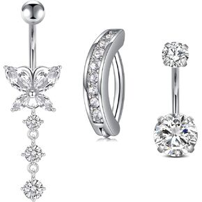 Mayhoop 14G Surgical Stainless Steel Dangle Belly Button Rings Clicker Belly Button Ring Belly Ring Dangling Piercing Jewelry With Heart Flower Butterfly Silver Gold Tone For Women