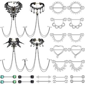 Sasylvia 24 Pcs 14G Nipple Rings for Women and Piercing Bra Body Chain 316l Stainless Steel Nipple Straight Piercing Barbell