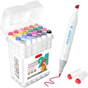 SAYEEC Washable Markers, 24 Colors Art Markers Set with Case, Fine Chisel Dual Tips Drawing Pens Water-Based Markers for Kids Artist Adults Coloring Books Sketching Journaling Illustration Manga Comic