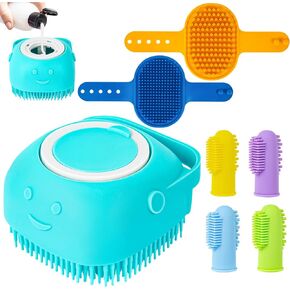 Ponpon 3PCS Dog Bath Brush with 4Pcs Dog Toothbrush, Dog Scrubber for Bath, Dog Shampoo Brush with Adjustable Ring Handle, Dog Shower Brush for Long Short Hair