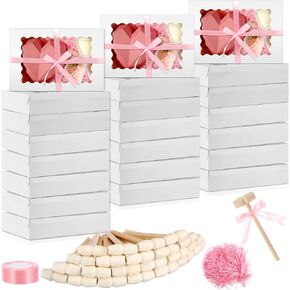 TaoBary 24 Sets 12 x 8 x 2.5'' Strawberry Boxes with Window Mother's Day Gifts White and Wooden Hammer for Chocolate Toy Hammer Small for Kids Chocolate Breakable Bear Mold Wedding Graduation