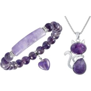 TUMBEELLUWA Amulet Amethyst Jewelry Set, Healing Stone Bracelet with Heart Charm+Stone Pendant Cat Healing Crystal Necklace