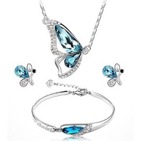 Butterfly Jewelry Set, Rhinestone Crystal blue Butterflies Necklace/Earrings/Bracelet Gifts Women's Wedding Bridal Necklace Dangle Earrings Set Statement Anniversary Jewellery