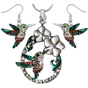 Silvertone Enameled Hummingbird Pendant Necklace and Earrings Set 21" Chain Gift Boxed Bird Fashion Jewelry