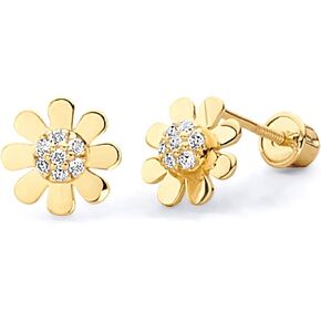 14k Yellow OR White Gold Sun Flower Stud Earrings with Screw Back