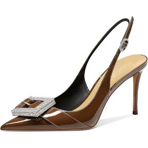 Womens Heels Closed Pointed Toe Slip On Slingback Pumps Comfortable Adjustable Rhinestones Buckle Ankle Strap Heeled Sandals 3.35inch Dress Shoes
