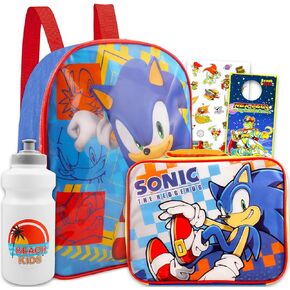 Game Party Sonic the Hedgehog Backpack and Lunch Box Set for Kids - Bundle with 11" Sonic Mini Backpack, Sonic Lunch Bag, Stickers, Water Bottle, More | Sonic Backpack for Boys 4-6