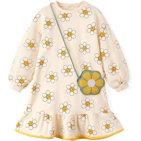 Ivory Flower Pattern Girl Dress Long Sleeve Dresses for Girls