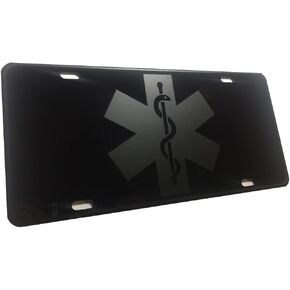 Tactical EMT MFR Medic EMS Star of Life Heavy Duty Aluminum License Plate Matte Black on Blk