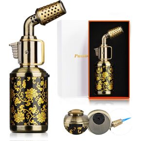 Butane Torch Lighter, Vintage Blow Torch with Continuous Flame Lock and Adjustable Flame, Refillable Windproof Kitchen Torch for BBQ, Baking, Desserts, Creme Brulee, Outdoors (Butane not included)