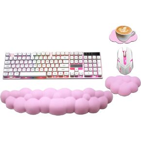 Cloud Wrist Rest Keyboard, PU Leather Memory Foam Wrist Rest for Computer Keyboard, Ergonomic Keyboard Wrist Rest Pad and Cute Mouse Wrist Rest for Gaming, Office, Computer, Typing Pain Relief, Pink