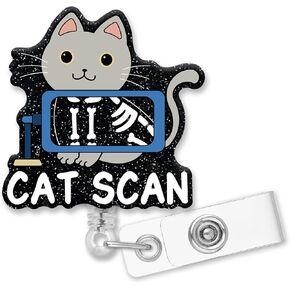 Retractable Cat Scan Badge Reel with Alligator Clip, Funny Black Glitter Cat Badge Holder Gift for Doctors Nurses CT Scan Technologist CT Tech Radiologist Radiation Tech Cat Lover
