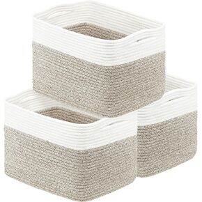 Woven Basket for Organizing, 3 Pack Cotton Rope Basket 14.5"X9.5" X9.3" Square Rope Nursery Basket Laundry Basket Decorative Basket Bin for Living Room Bedroom - White/Brown