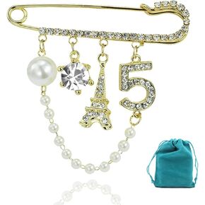 Vintage Number Five Lapel Pin Brooches for Women, Pearl Brooch Pins for Women, Corsage Scarf Pins Rhinestones Jewelry Breastpin with Hanging Pearl Chain for Wedding Banquet Bouquet