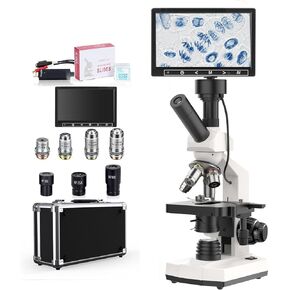 Upgraded Microscope for Adults, 40X-2500X Magnification, Dual-View Lab Compound Microscope for Kids Students, Built in 5MP Camera with 7'' LCD Screen for School Lab Education (White)