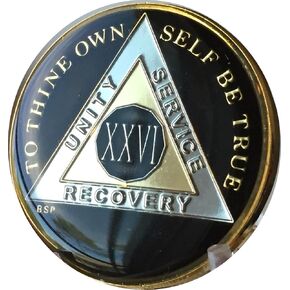 26 Year Classic Black AA Alcoholics Anonymous Medallion Chip Tri Plate Gold & Nickel Plated Serenity Prayer