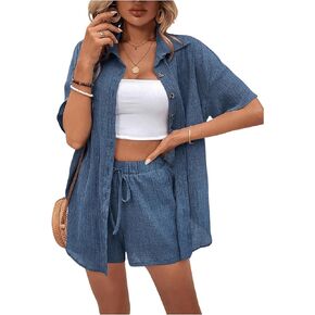 MakeMeChic Women's Summer 2 Piece Outfits Half Sleeve Button Down Shirt with Casual Drawstring Shorts Sets