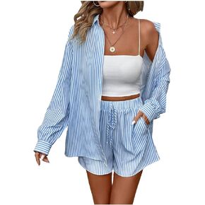 Floerns Women's 2 Piece Outfits Striped Long Sleeve Collared Shirt and Shorts Sets